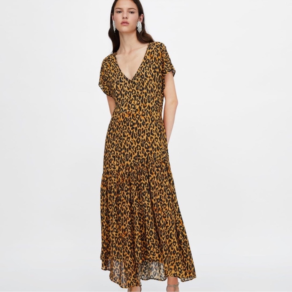 ZARA Animal Leopard Print V-Neck Drop-Waist Maxi Dress Size XS Short Sleeve